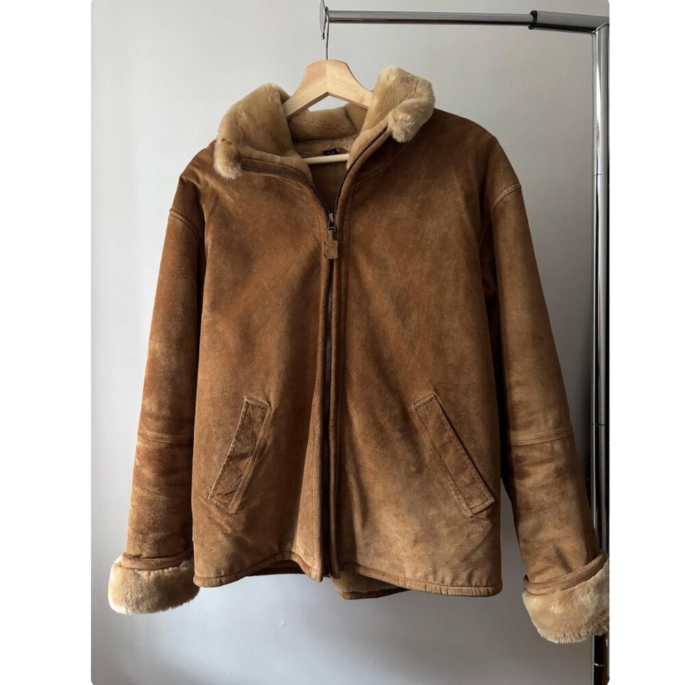 1990s Suede & Faux Fur Bomber Coat | Vintage Tan Aviator Jacket - Picture 1 of 8